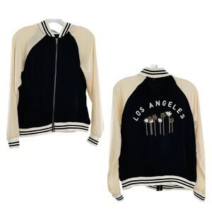ABOUT A GIRL Black & Cream 'LOS ANGELES' Embroidered Palm Trees Bomber Jacket S